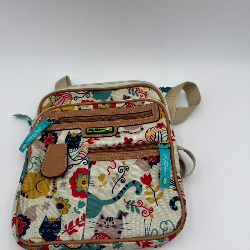 Lily Bloom Bag Womens Crossbody Canvas Cat Print Turquoise Lining Shoulder
